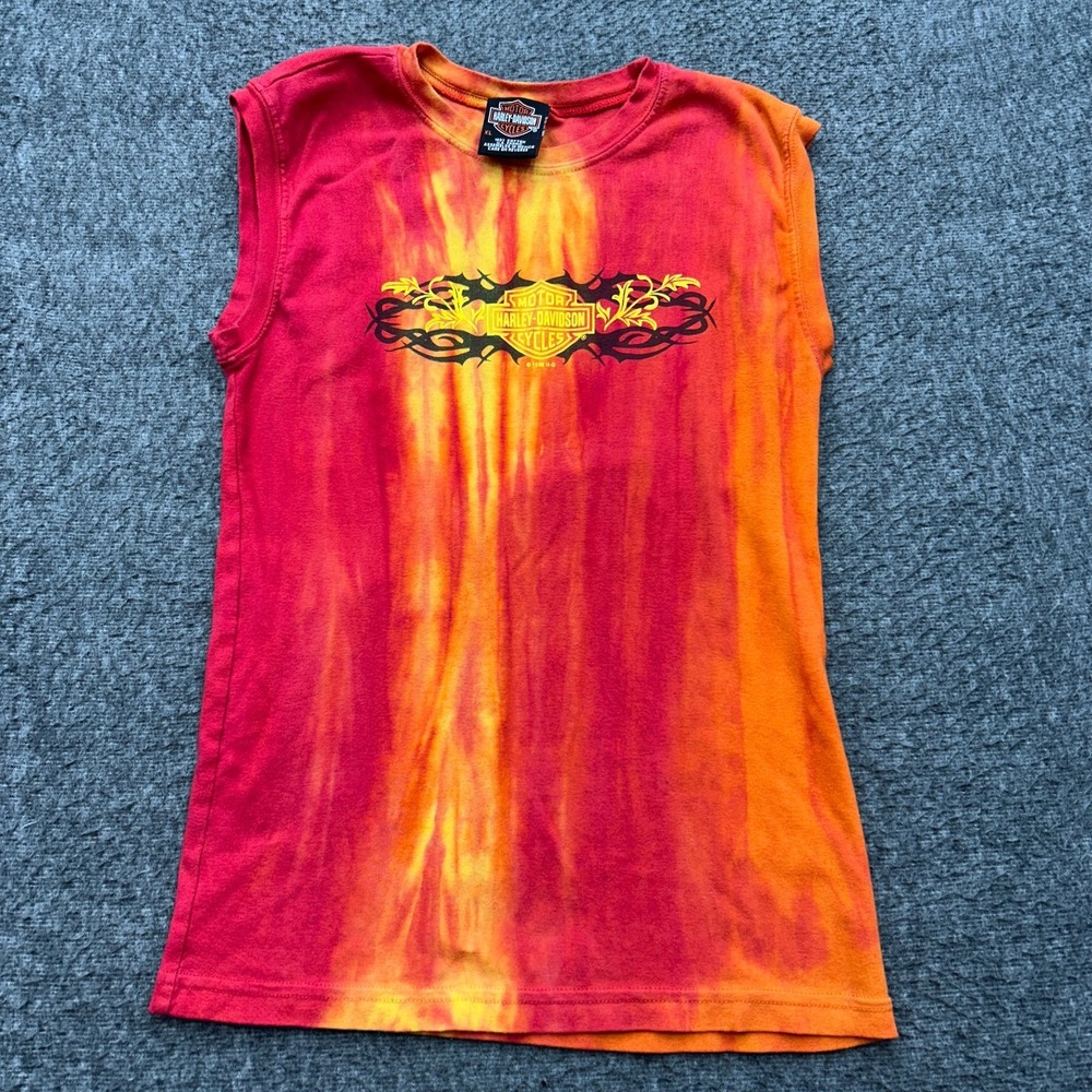 Vintage Harley Davidson Womens Tank Top XL Orange Tie Dye USA Biker y2k Honolulu